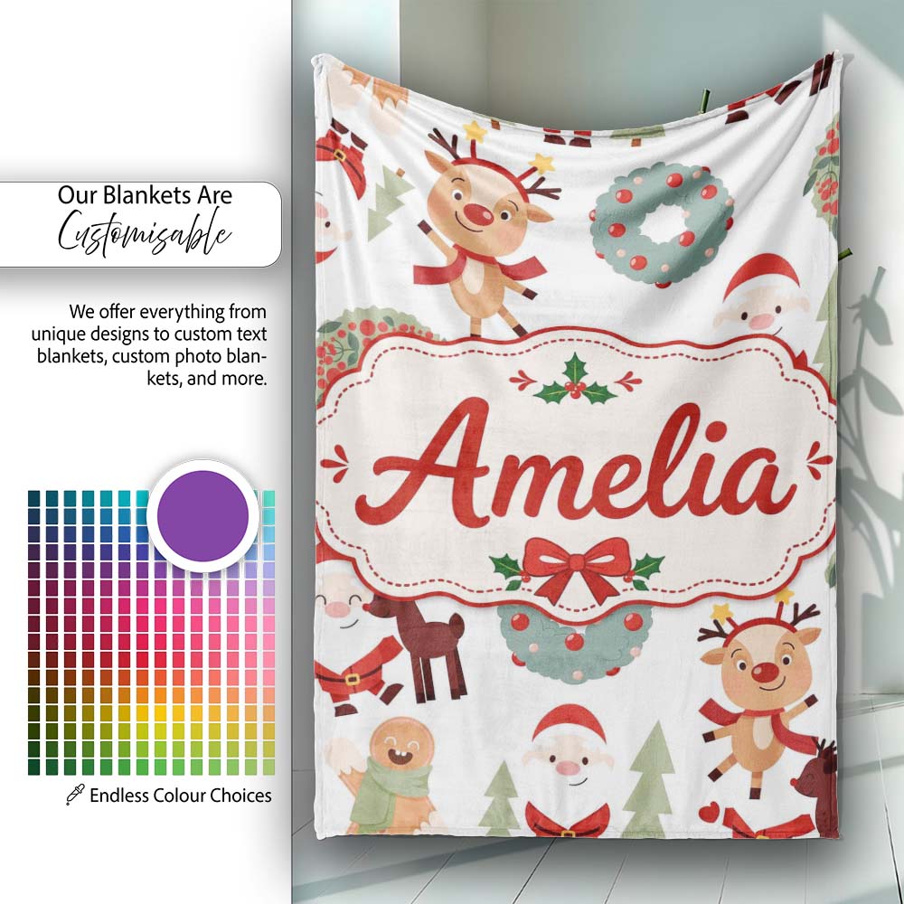 Cute Reindeer Santa Wreath Gingerbread Christmas Seamless Pattern Personalised Custom Name Super Soft Fleece Blanket Bed Sofa Throw