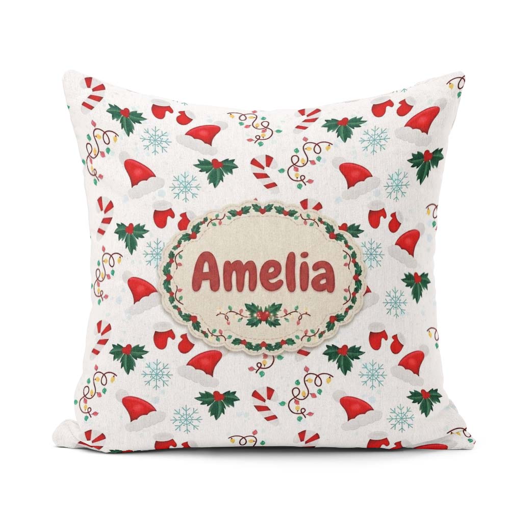 Custom Name Christmas Hat Mittens Candy Holly Snowflake Seamless Square Filled Cushion Throw Pillow Sofa Bed Home Decor Zip Washable UK Made
