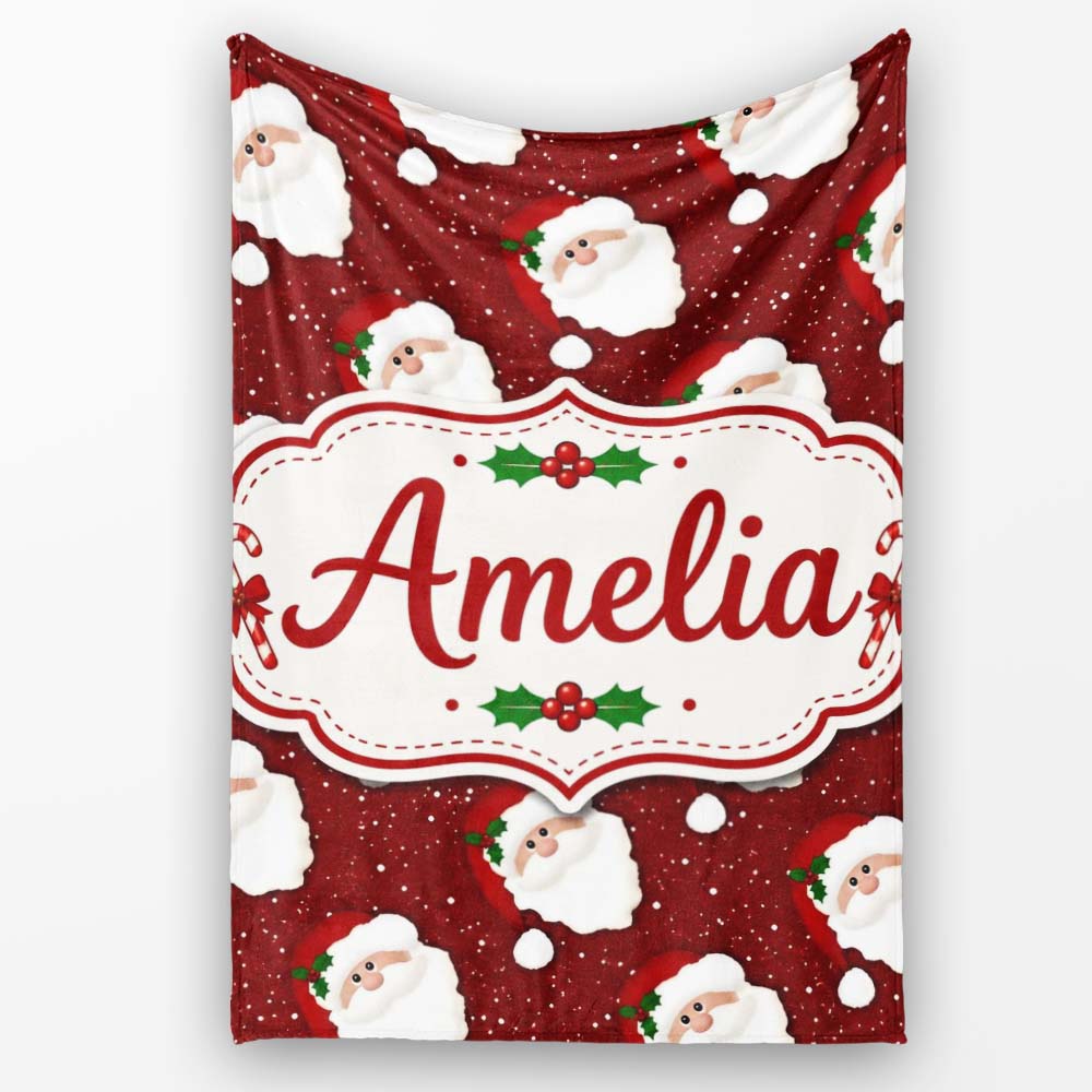 Santa Face Red Snow Background Christmas Seamless Pattern Lovely Personalised Custom Name Super Soft Fleece Blanket Bed Sofa Throw