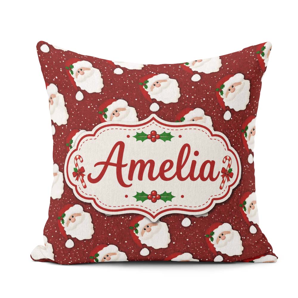 Custom Name Santa Face Red Background Christmas Seamless Pattern Square Filled Cushion Throw Pillow Sofa Bed Home Decor Zip Washable UK Made