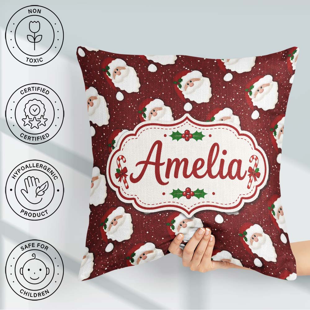 Custom Name Santa Face Red Background Christmas Seamless Pattern Square Filled Cushion Throw Pillow Sofa Bed Home Decor Zip Washable UK Made