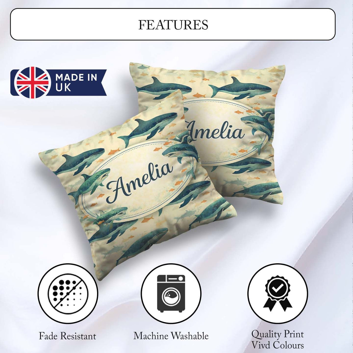 Custom Name Beige Ocean Whale Seamless Pattern Soft Illustration Square Filled Cushion Throw Pillow Sofa Bed Home Decor Zip Washable UK Made