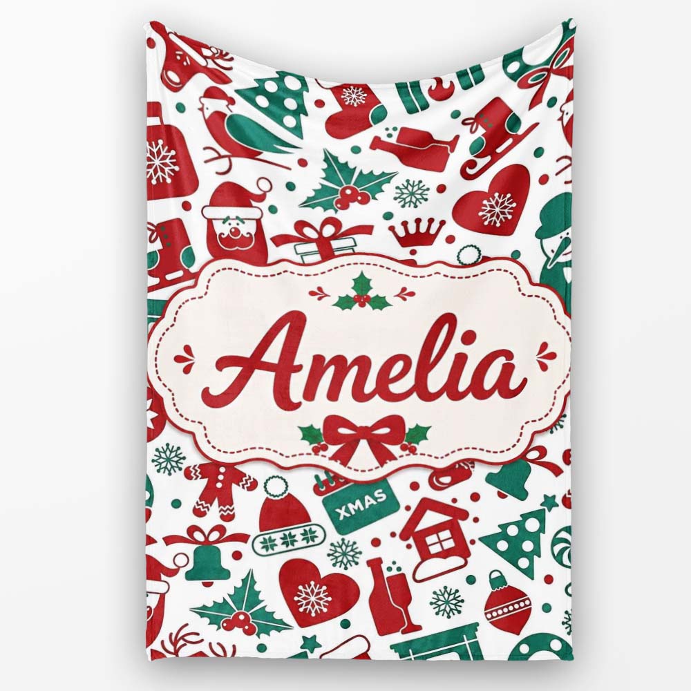Festive Christmas Santa Gift Snowman Seamless Pattern Lovely Personalised Custom Name Super Soft Fleece Blanket Bed Sofa Throw
