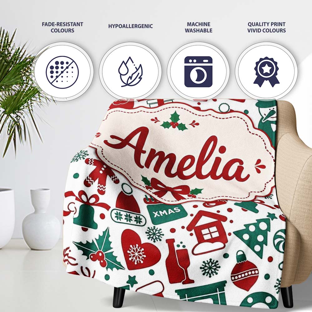 Festive Christmas Santa Gift Snowman Seamless Pattern Lovely Personalised Custom Name Super Soft Fleece Blanket Bed Sofa Throw