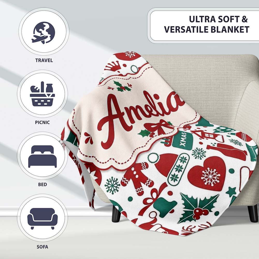 Festive Christmas Santa Gift Snowman Seamless Pattern Lovely Personalised Custom Name Super Soft Fleece Blanket Bed Sofa Throw
