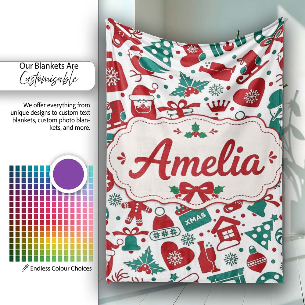 Festive Christmas Santa Gift Snowman Seamless Pattern Lovely Personalised Custom Name Super Soft Fleece Blanket Bed Sofa Throw