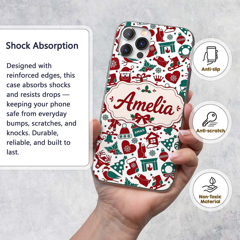 Festive Christmas Santa Gift Snowman Seamless Custom Name Protective Phone Case Mobile Cover Durable Everyday Smartphone Shock Resistant