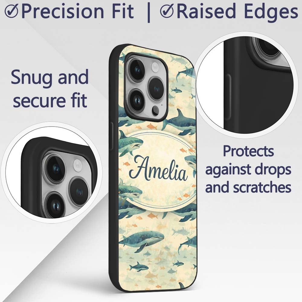 Beige Ocean Whale Seamless Pattern Soft Marine Custom Name Protective Phone Case Mobile Cover Durable Everyday Smartphone Shock Resistant