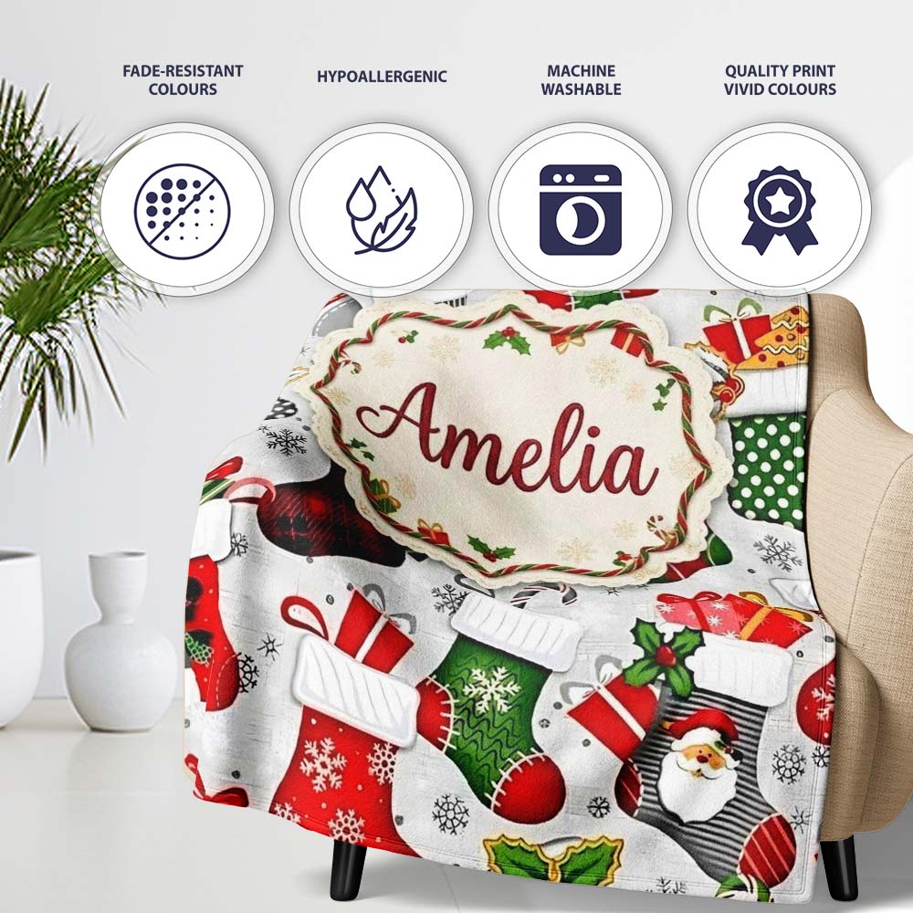 Christmas Stockings Gifts Candy Snowflake Seamless Pattern Lovely Personalised Custom Name Super Soft Fleece Blanket Bed Sofa Throw