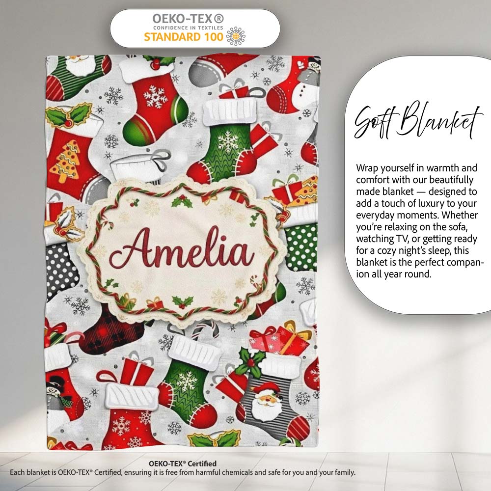 Christmas Stockings Gifts Candy Snowflake Seamless Pattern Lovely Personalised Custom Name Super Soft Fleece Blanket Bed Sofa Throw