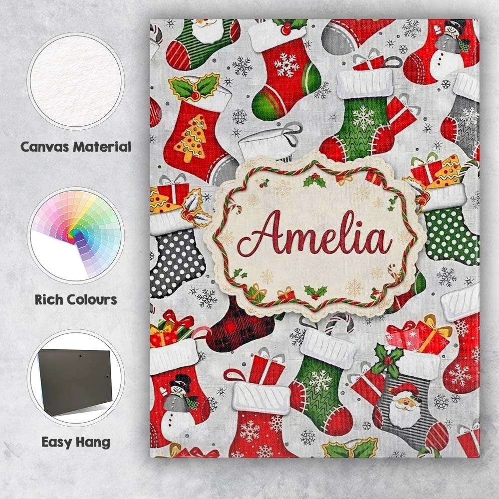 Personalised Name Christmas Stockings Gifts Custom Bespoke Interior Contemporary Canvas Wall Art Print Decor Picture Ready to Hang
