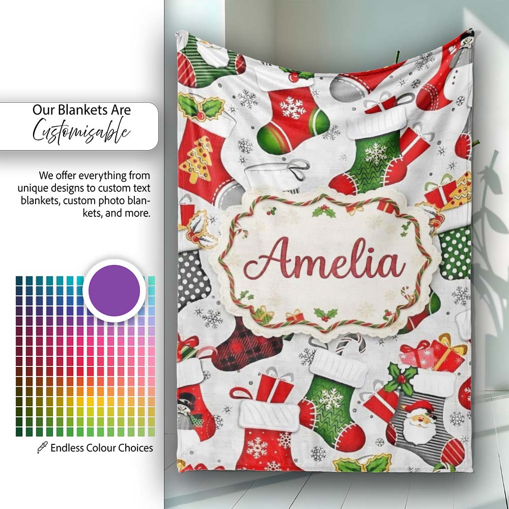 Christmas Stockings Gifts Candy Snowflake Seamless Pattern Lovely Personalised Custom Name Super Soft Fleece Blanket Bed Sofa Throw
