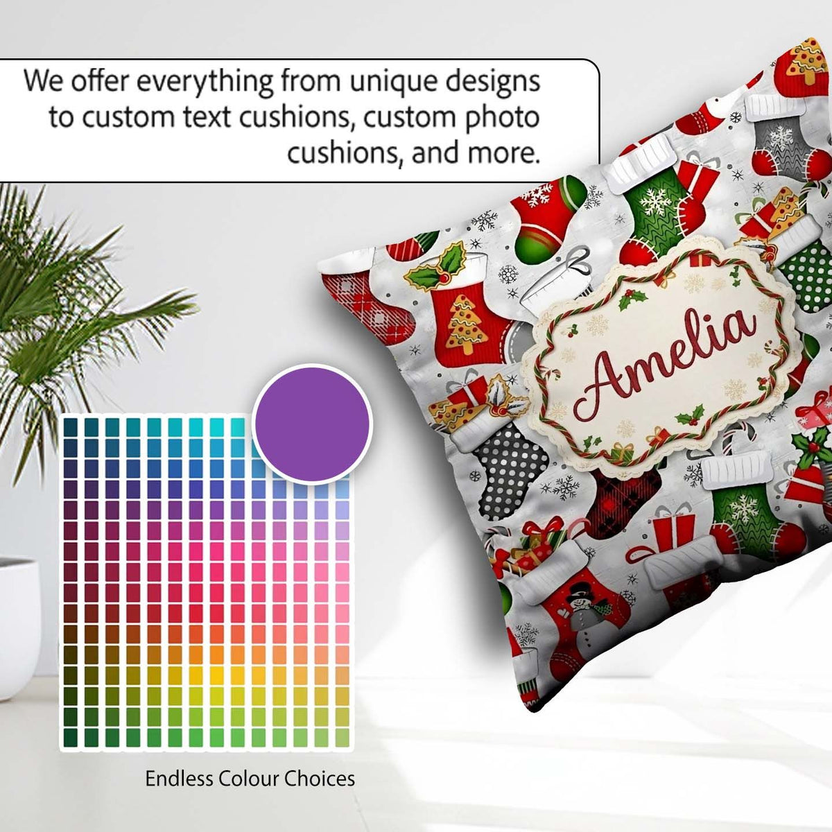 Custom Name Christmas Stockings Gifts Snowflake Seamless Pattern Square Filled Cushion Throw Pillow Sofa Bed Home Decor Zip Washable UK Made