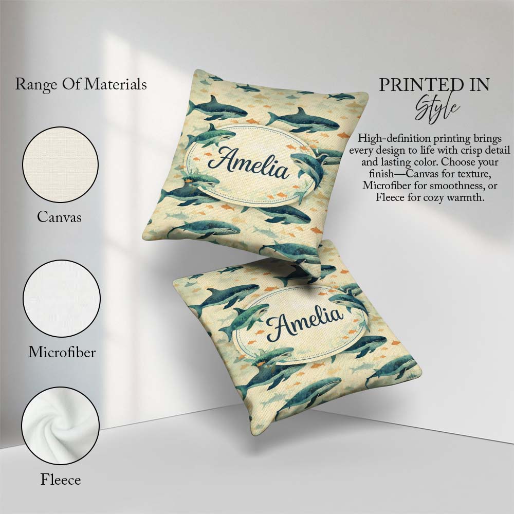Custom Name Beige Ocean Whale Seamless Pattern Soft Illustration Square Filled Cushion Throw Pillow Sofa Bed Home Decor Zip Washable UK Made
