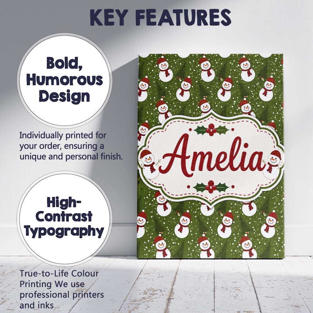 Personalised Name Cute Snowman Winter Custom Modern Room Accent Creative Decorator Style Canvas Wall Art Print Decor Picture Ready to Hang