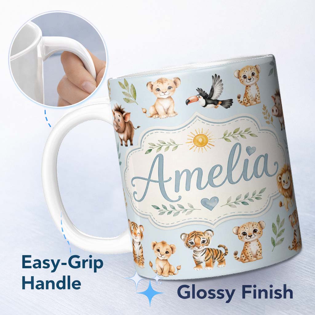 Personalized Custom Name Baby Safari Animals Leopard Tiger Lion on Pastel Blue Seamless 11oz Ceramic Coffee Tea Mug White Large Handle