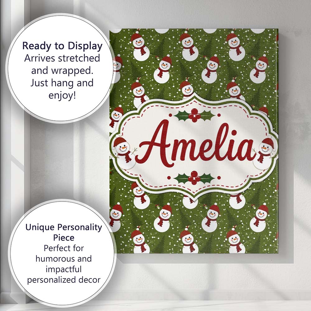 Personalised Name Cute Snowman Winter Custom Modern Room Accent Creative Decorator Style Canvas Wall Art Print Decor Picture Ready to Hang