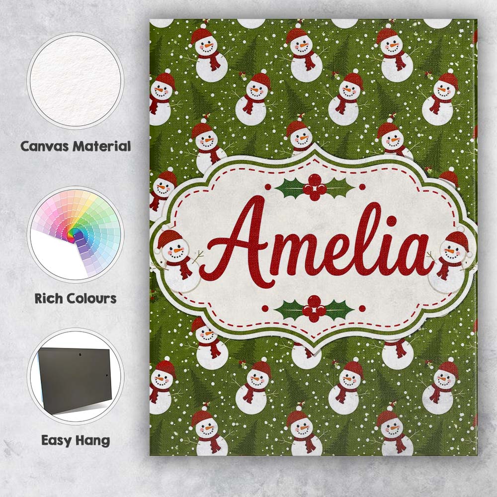 Personalised Name Cute Snowman Winter Custom Modern Room Accent Creative Decorator Style Canvas Wall Art Print Decor Picture Ready to Hang