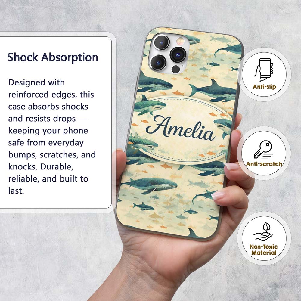 Beige Ocean Whale Seamless Pattern Soft Marine Custom Name Protective Phone Case Mobile Cover Durable Everyday Smartphone Shock Resistant