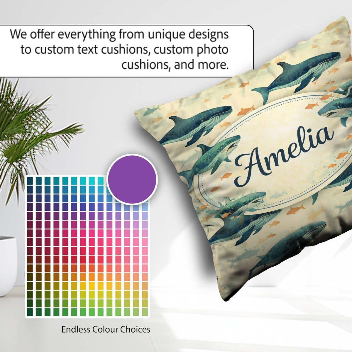 Custom Name Beige Ocean Whale Seamless Pattern Soft Illustration Square Filled Cushion Throw Pillow Sofa Bed Home Decor Zip Washable UK Made