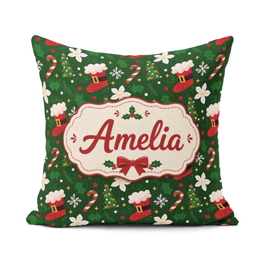 Custom Name Stocking Candy Cane Tree Poinsettia Seamless Pattern Square Filled Cushion Throw Pillow Sofa Bed Home Decor Zip Washable UK Made