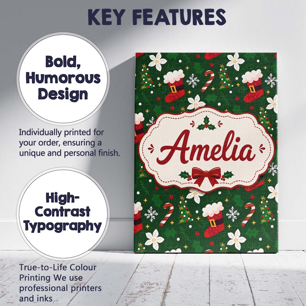 Personalised Name Christmas Stocking Candy Custom Unique Gift Idea Elegant Feature Canvas Wall Art Print Decor Picture Ready to Hang
