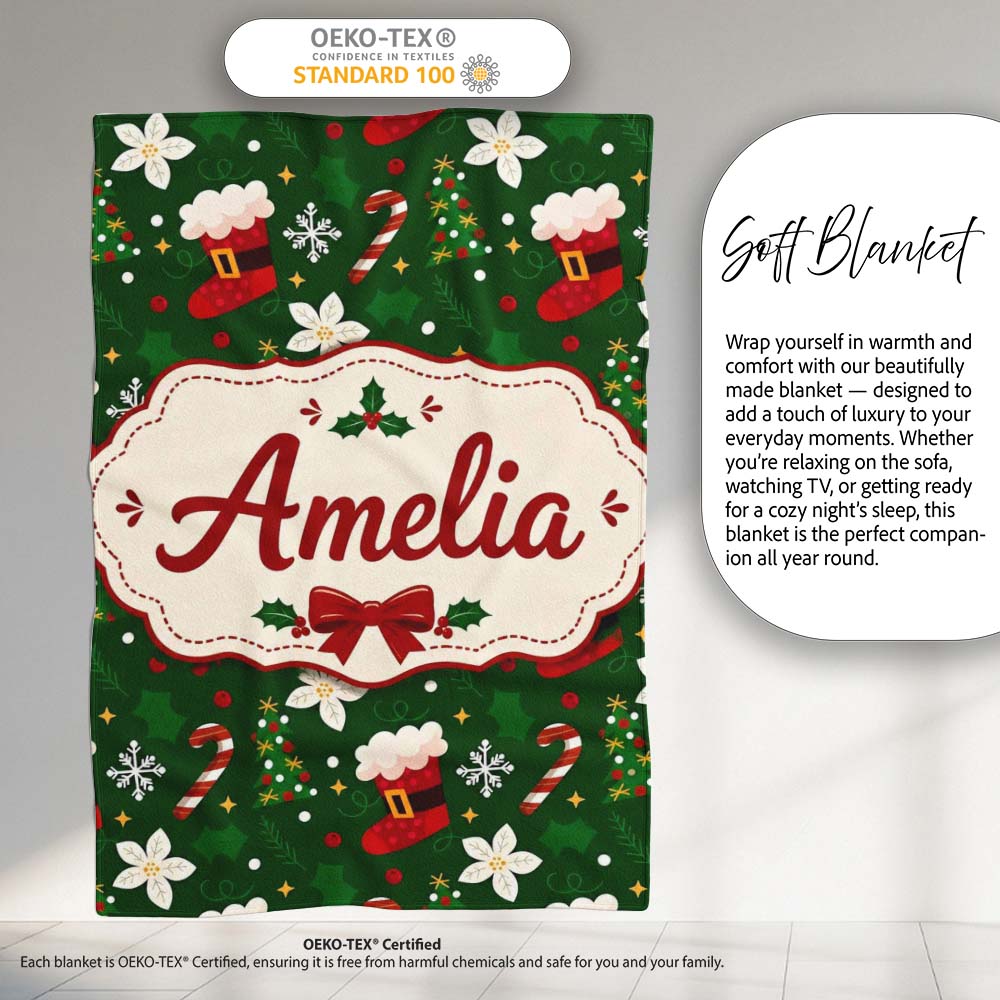 Christmas Stocking Candy Cane Tree Poinsettia Seamless Pattern Personalised Custom Name Super Soft Fleece Blanket Bed Sofa Throw