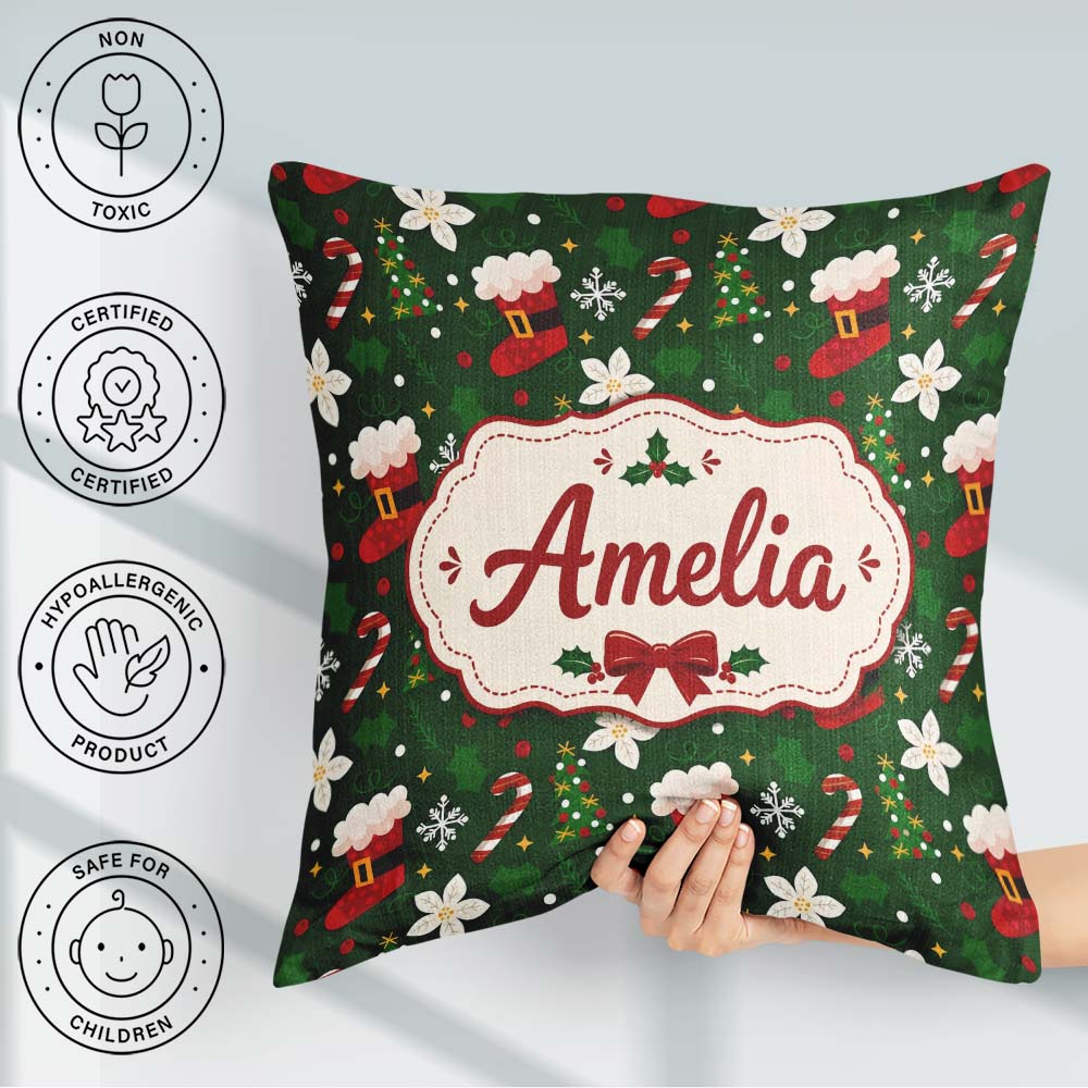 Custom Name Stocking Candy Cane Tree Poinsettia Seamless Pattern Square Filled Cushion Throw Pillow Sofa Bed Home Decor Zip Washable UK Made