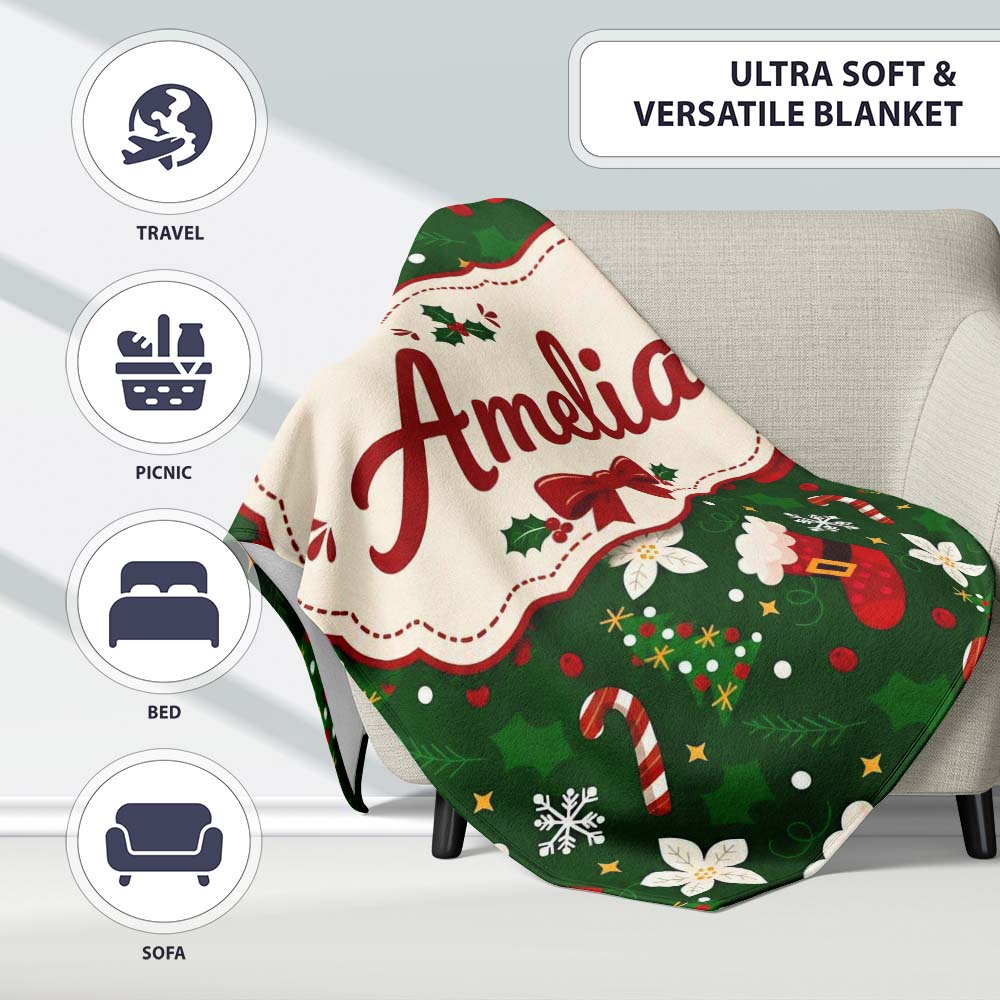 Christmas Stocking Candy Cane Tree Poinsettia Seamless Pattern Personalised Custom Name Super Soft Fleece Blanket Bed Sofa Throw