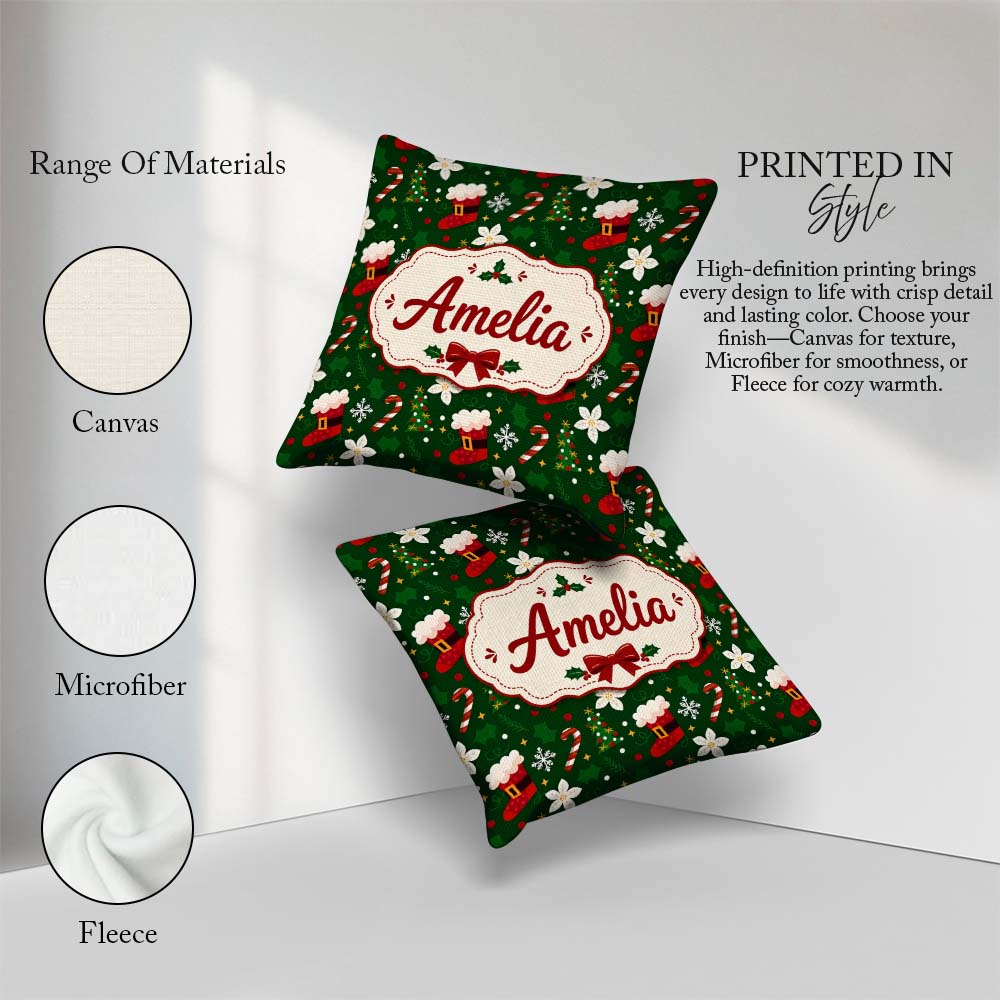 Custom Name Stocking Candy Cane Tree Poinsettia Seamless Pattern Square Filled Cushion Throw Pillow Sofa Bed Home Decor Zip Washable UK Made
