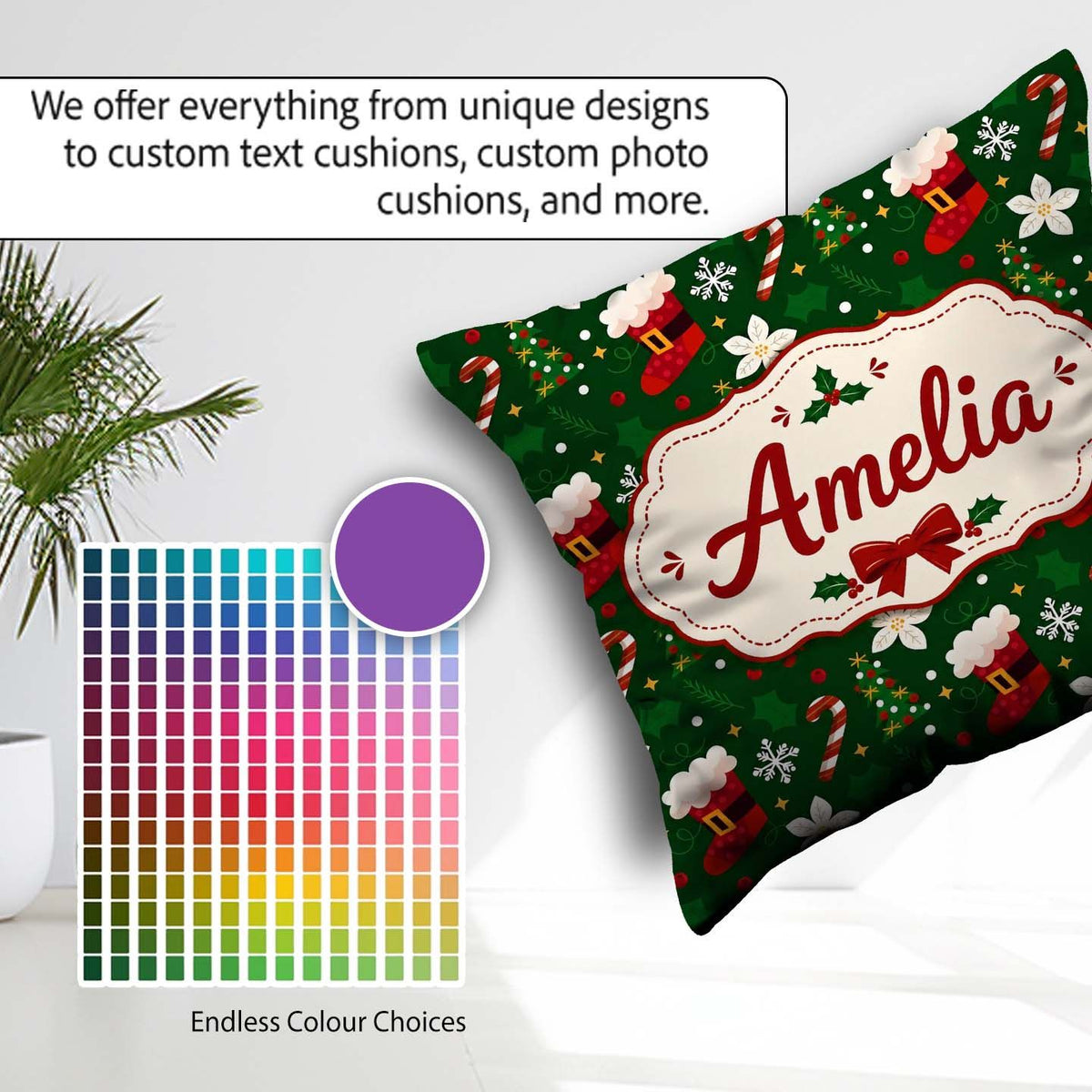 Custom Name Stocking Candy Cane Tree Poinsettia Seamless Pattern Square Filled Cushion Throw Pillow Sofa Bed Home Decor Zip Washable UK Made