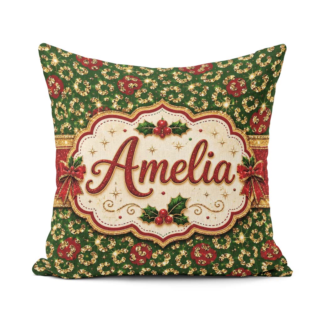 Custom Name Gold Leopard Print Glitter Christmas Seamless Lovely Square Filled Cushion Throw Pillow Sofa Bed Home Decor Zip Washable UK Made