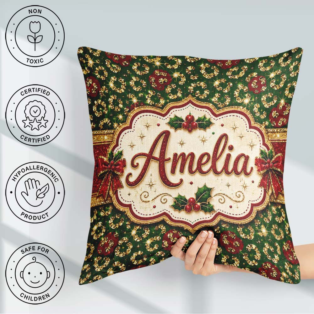 Custom Name Gold Leopard Print Glitter Christmas Seamless Lovely Square Filled Cushion Throw Pillow Sofa Bed Home Decor Zip Washable UK Made