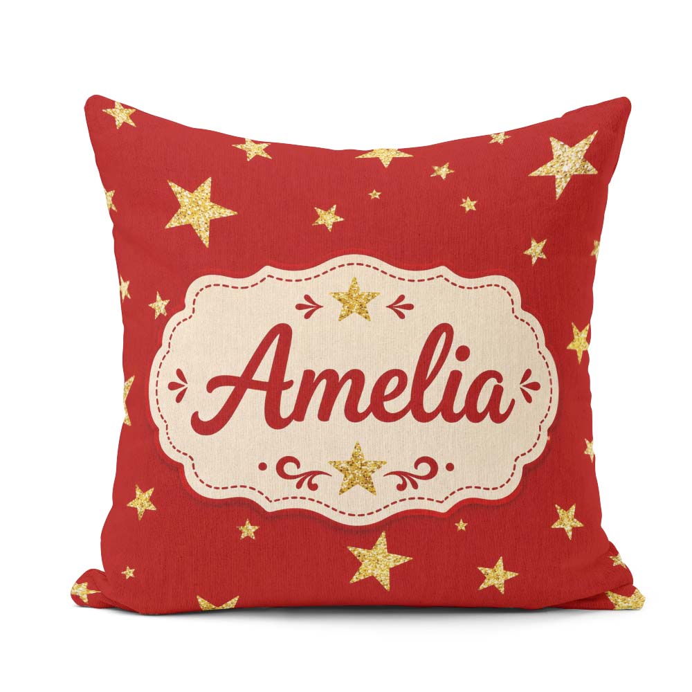 Custom Name Gold Glitter Stars Red Background Seamless Pattern Square Filled Cushion Throw Pillow Sofa Bed Home Decor Zip Washable UK Made