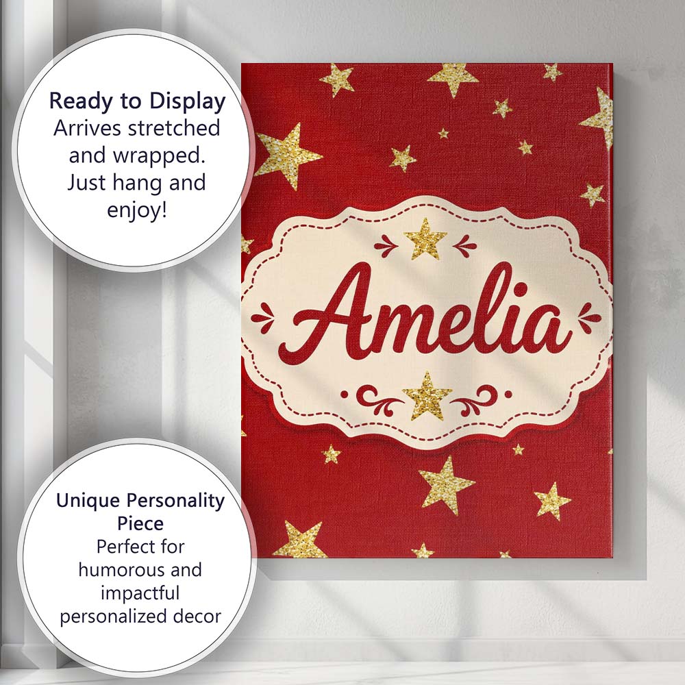 Personalised Name Gold Glitter Stars Red Custom Unique Gift Idea Elegant Feature Canvas Wall Art Print Decor Picture Ready to Hang