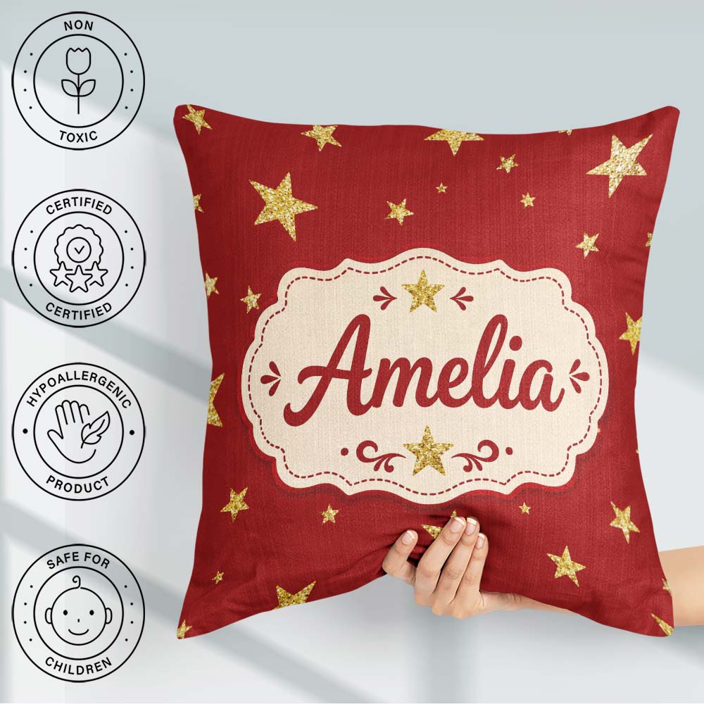 Custom Name Gold Glitter Stars Red Background Seamless Pattern Square Filled Cushion Throw Pillow Sofa Bed Home Decor Zip Washable UK Made