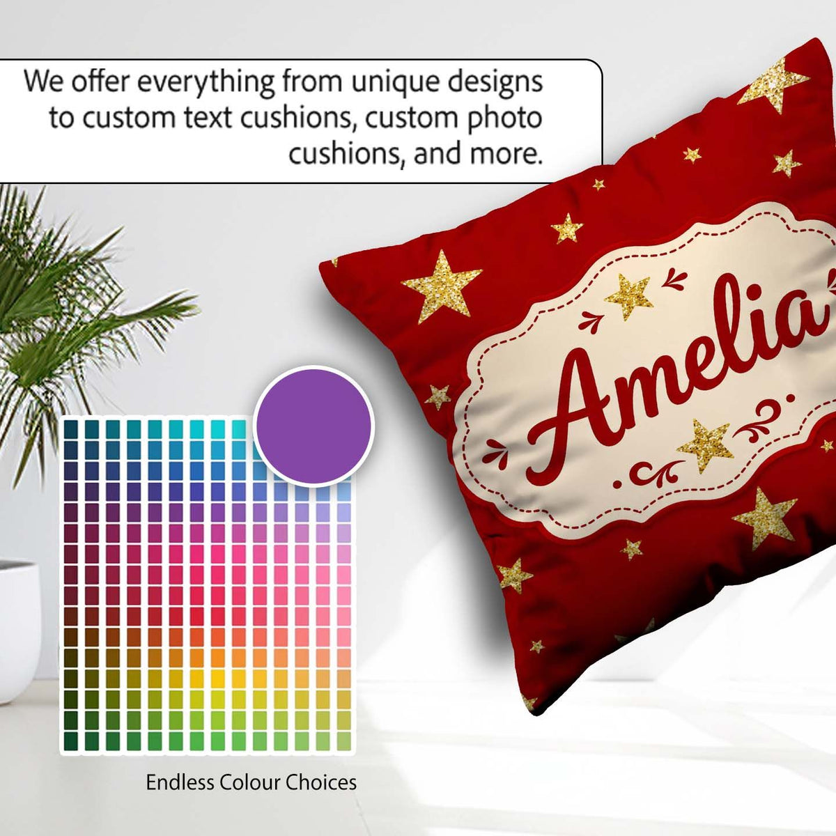 Custom Name Gold Glitter Stars Red Background Seamless Pattern Square Filled Cushion Throw Pillow Sofa Bed Home Decor Zip Washable UK Made