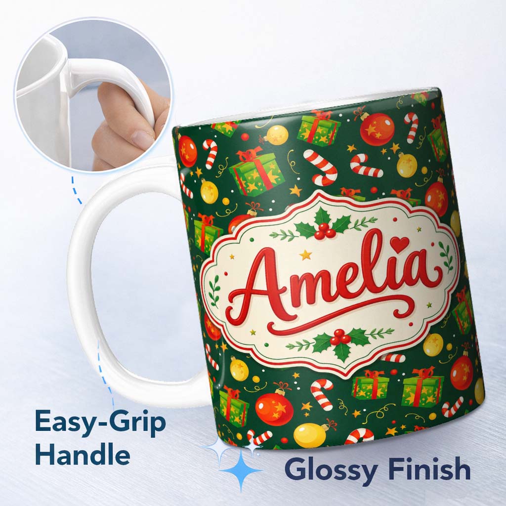 Personalized Custom Name Green Christmas Gifts Baubles Candy Cane Festive Holiday Seamless 11oz Ceramic Coffee Tea Mug White Large Handle