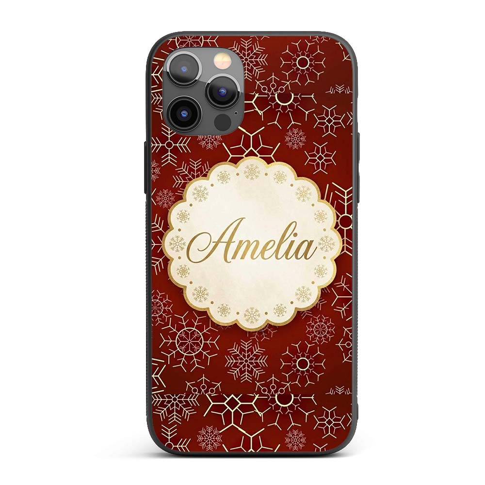 Elegant Gold Snowflake Red Background Christmas Custom Name Protective Phone Case Mobile Cover Durable Everyday Smartphone Shock Resistant