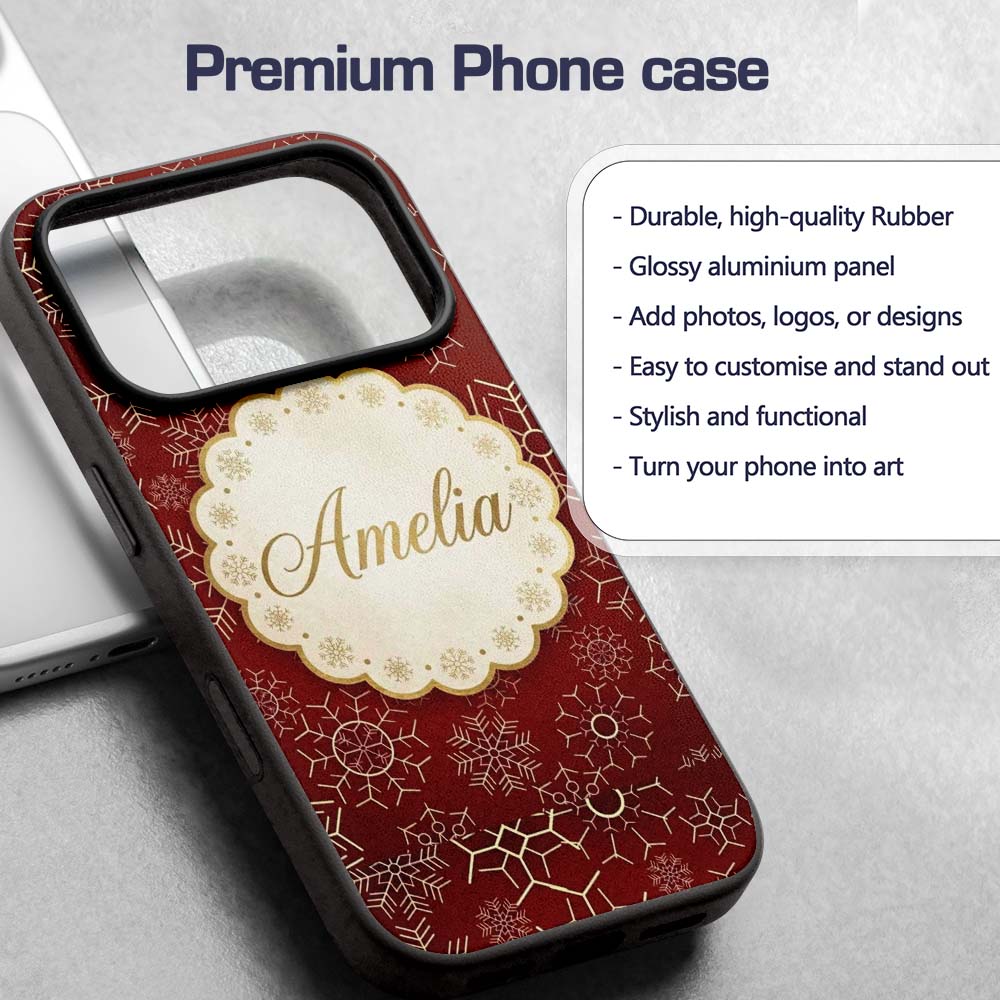 Elegant Gold Snowflake Red Background Christmas Custom Name Protective Phone Case Mobile Cover Durable Everyday Smartphone Shock Resistant