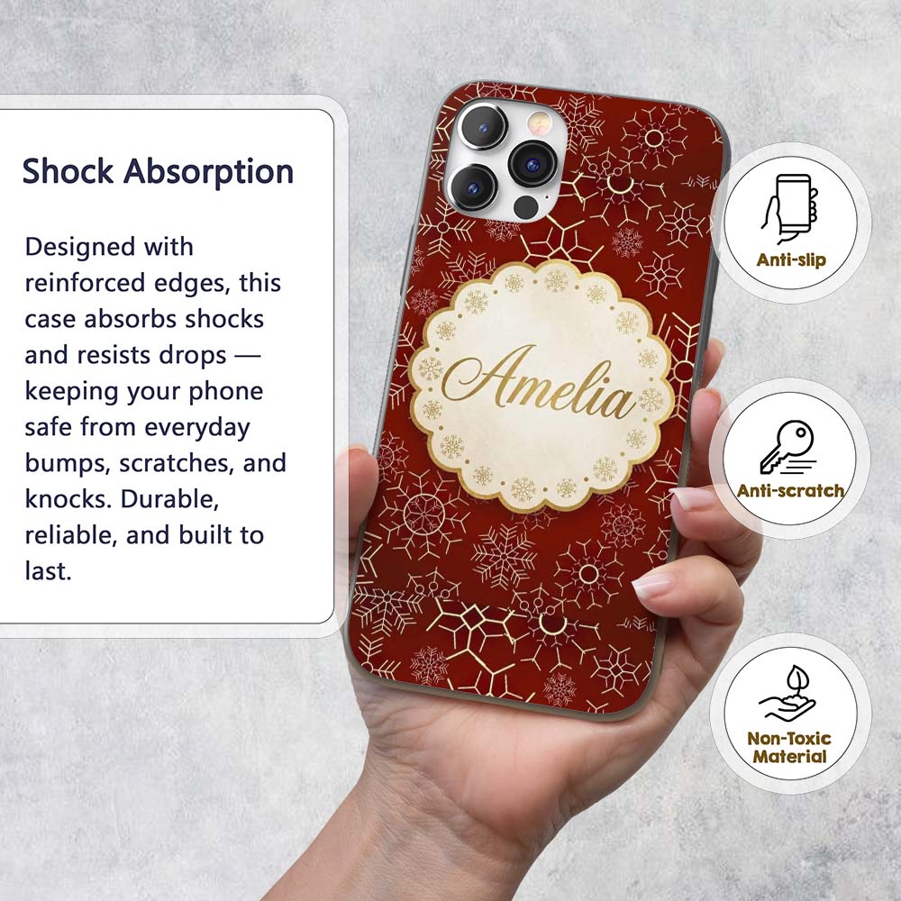 Elegant Gold Snowflake Red Background Christmas Custom Name Protective Phone Case Mobile Cover Durable Everyday Smartphone Shock Resistant