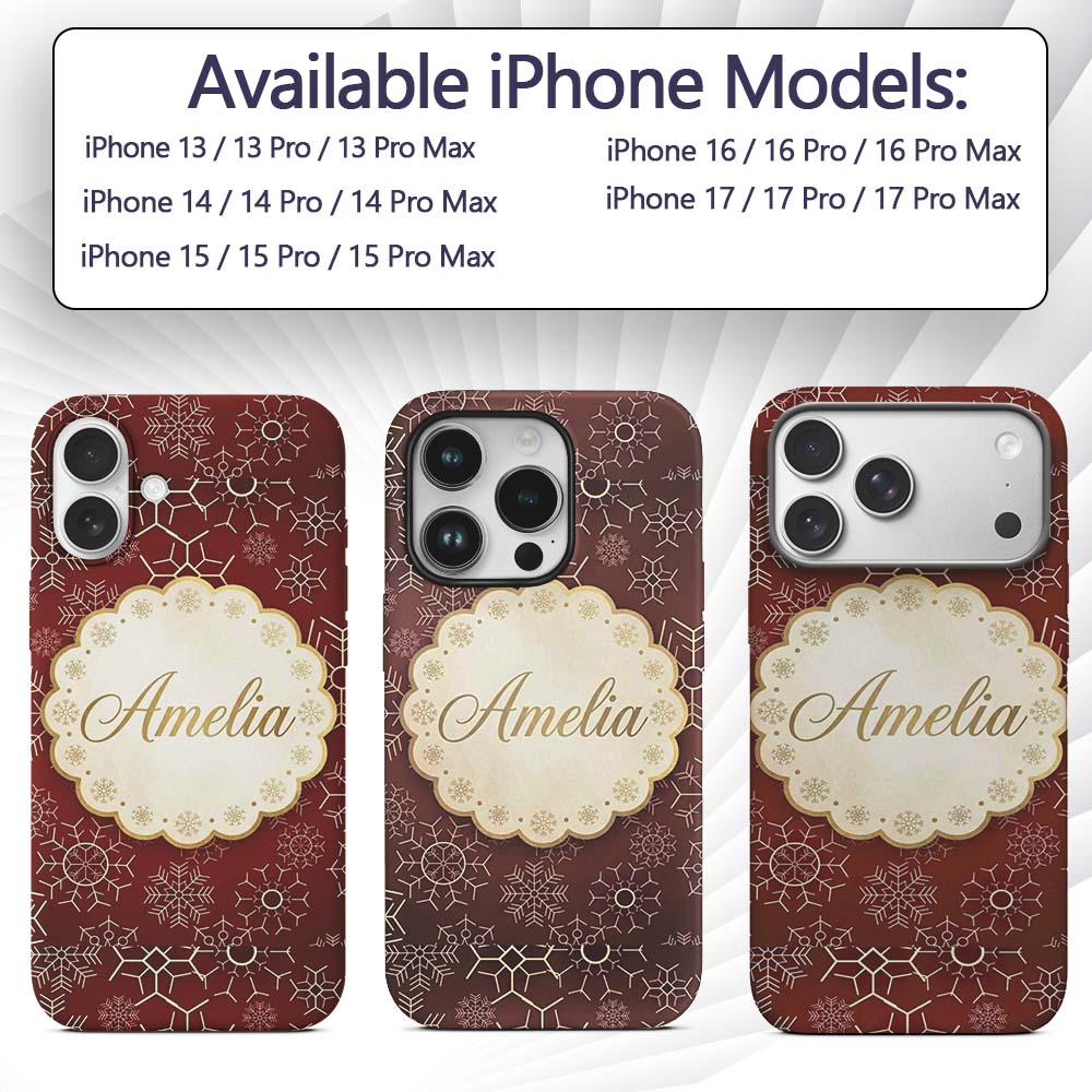 Elegant Gold Snowflake Red Background Christmas Custom Name Protective Phone Case Mobile Cover Durable Everyday Smartphone Shock Resistant