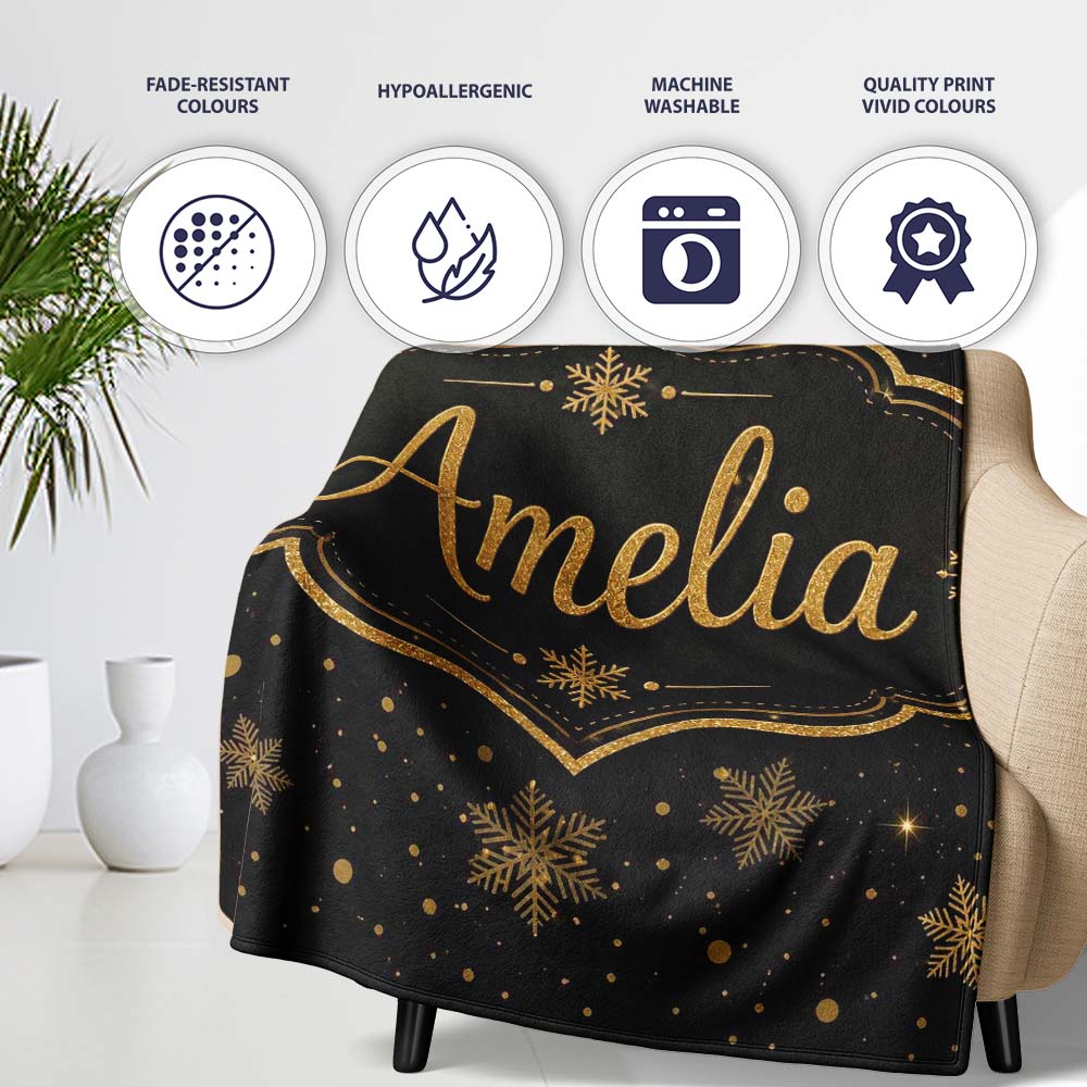 Luxury Gold Snowflake Black Background Christmas Seamless Pattern Personalised Custom Name Super Soft Fleece Blanket Bed Sofa Throw