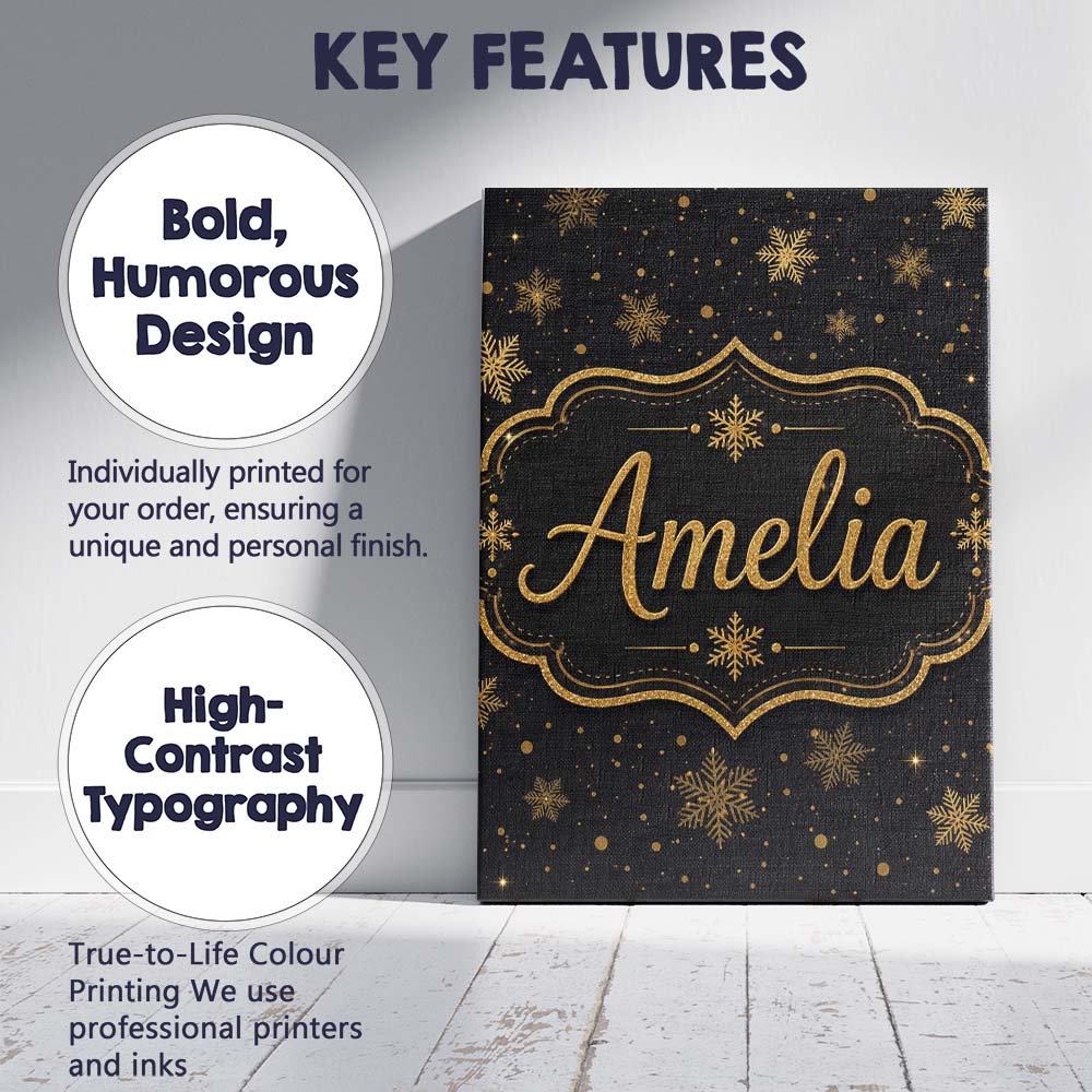 Personalised Name Luxury Gold Snowflake Custom Modern Room Accent Elegant Feature Canvas Wall Art Print Decor Picture Ready to Hang