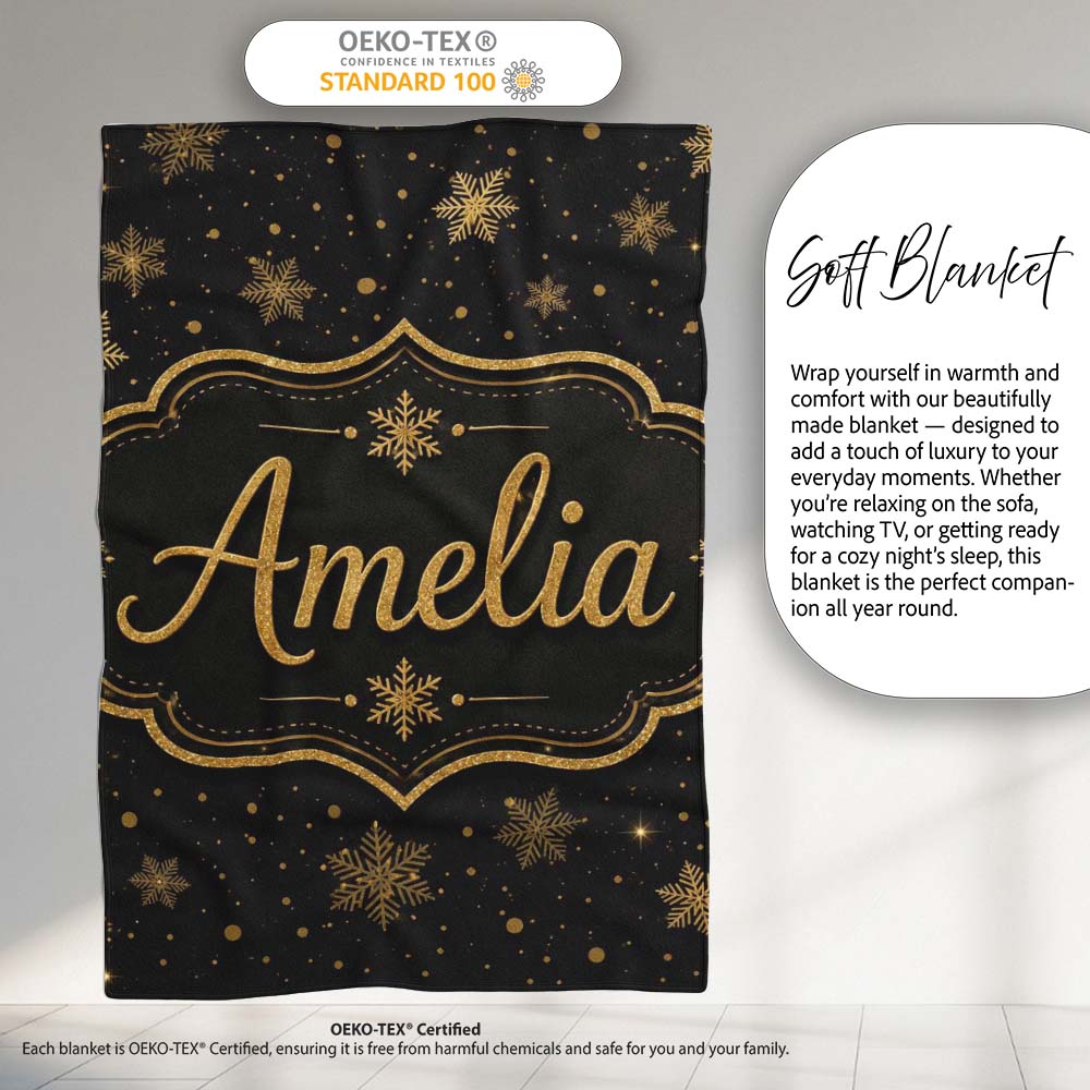 Luxury Gold Snowflake Black Background Christmas Seamless Pattern Personalised Custom Name Super Soft Fleece Blanket Bed Sofa Throw