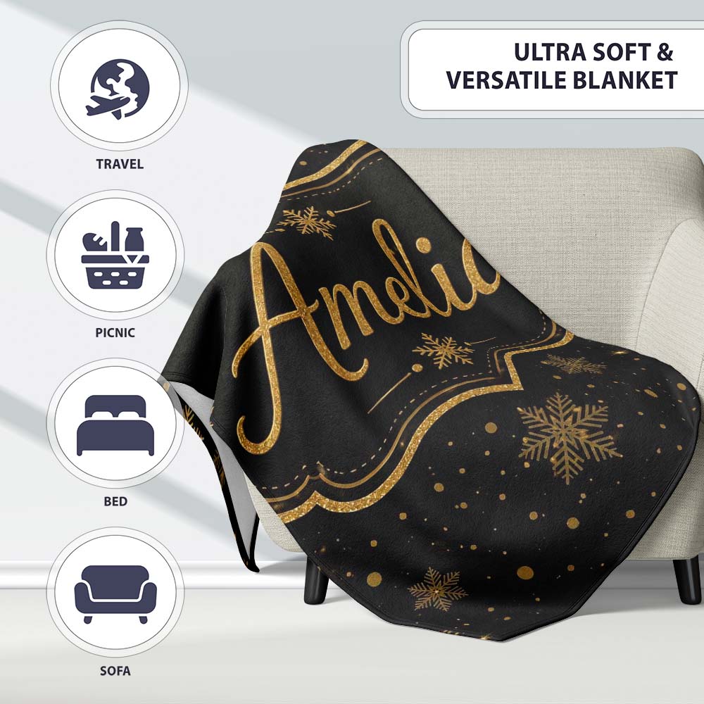 Luxury Gold Snowflake Black Background Christmas Seamless Pattern Personalised Custom Name Super Soft Fleece Blanket Bed Sofa Throw