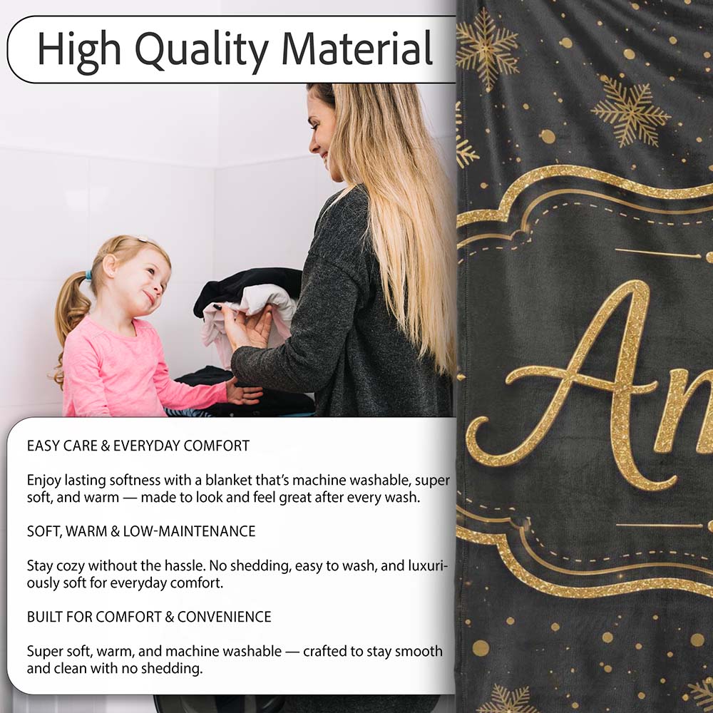 Luxury Gold Snowflake Black Background Christmas Seamless Pattern Personalised Custom Name Super Soft Fleece Blanket Bed Sofa Throw