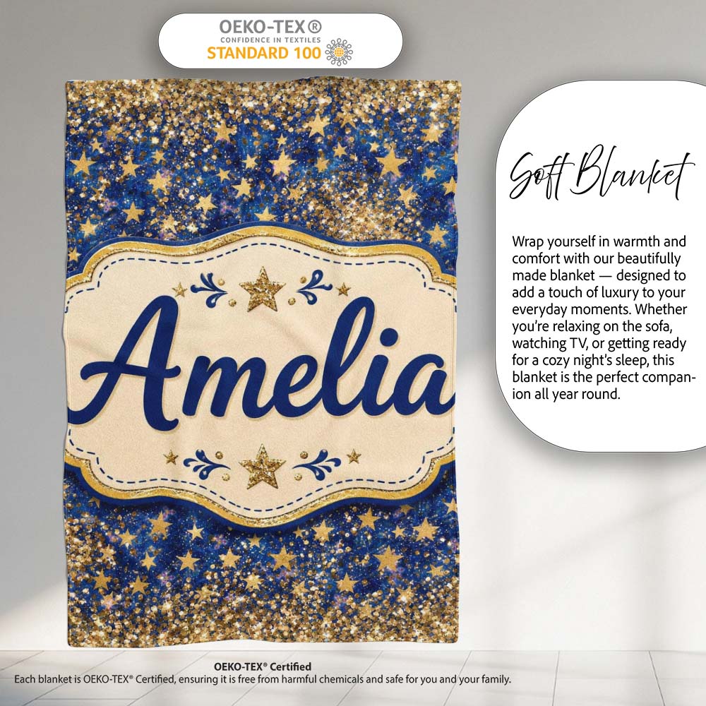 Blue Galaxy Gold Stars Glitter Christmas Seamless Pattern Lovely Personalised Custom Name Super Soft Fleece Blanket Bed Sofa Throw