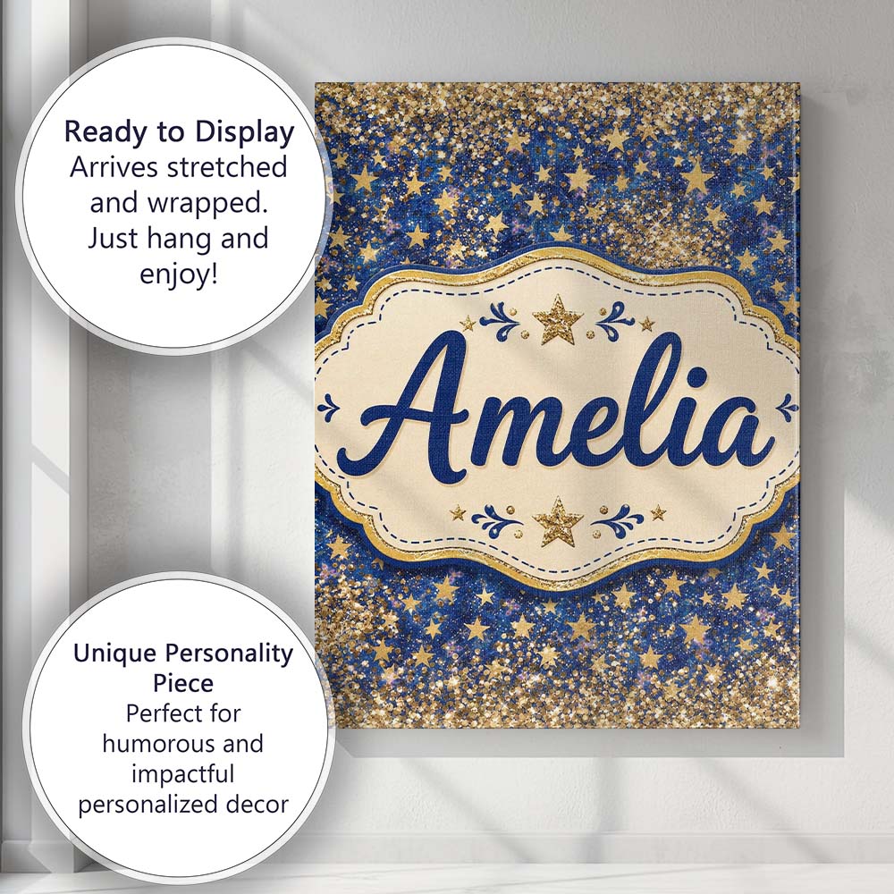 Personalised Name Blue Galaxy Gold Stars Custom Unique Gift Idea Elegant Feature Canvas Wall Art Print Decor Picture Ready to Hang