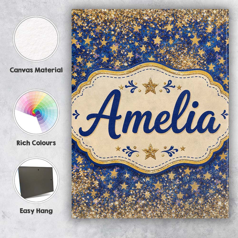Personalised Name Blue Galaxy Gold Stars Custom Unique Gift Idea Elegant Feature Canvas Wall Art Print Decor Picture Ready to Hang